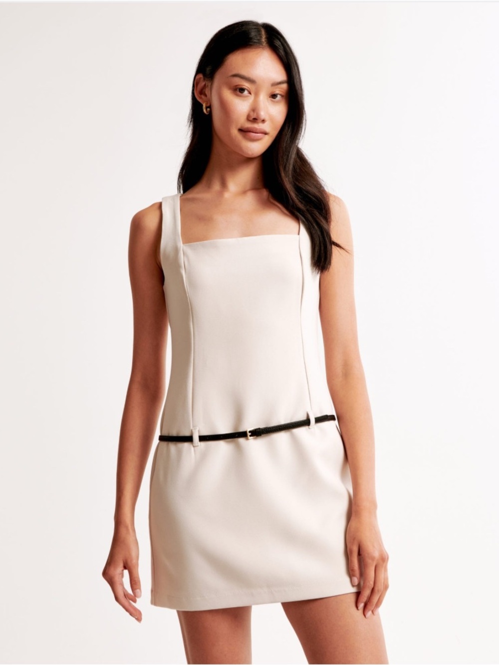 NWOT Abercrombie & Fitch Cream Square-Neck Mini Dress with Slim Black Belt